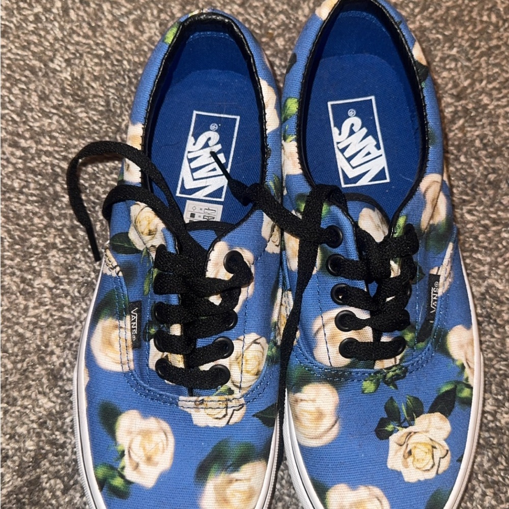 Vans Blue and White Floral Slip-Ons